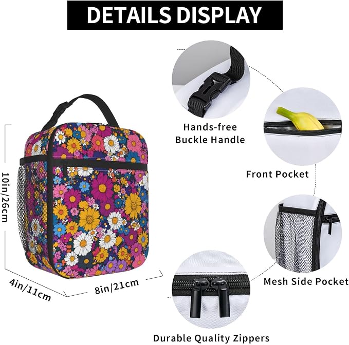 Floral Insulated Lunch Box for Women Men Floral Lunch Bag for Travel, or - Image 6