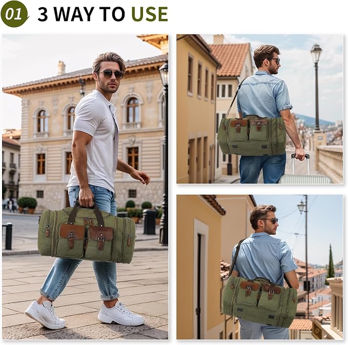 Canvas Duffle Bag with Genuine Leather Accents, Expandable 20-23 Inch Travel - Image 2