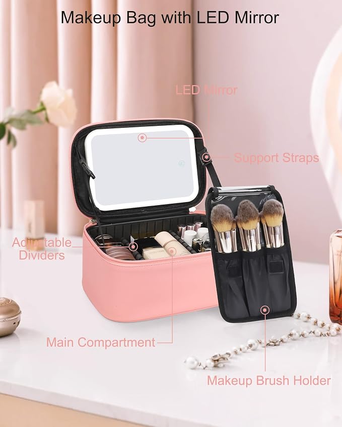 Makeup Bag With LED Mirror, Travel Makeup Bag With 3 Color Setting Light Up - Image 4