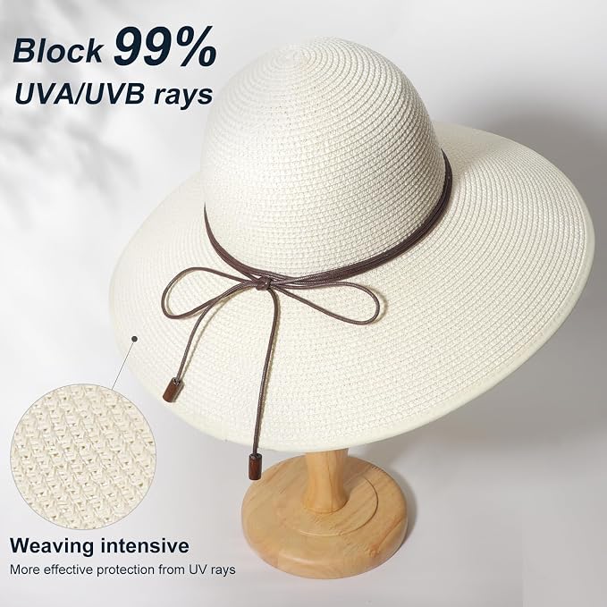DRESHOW Beach Hats for Women Big Straw Wide Brim Summer Hat Floppy Foldable - Image 2