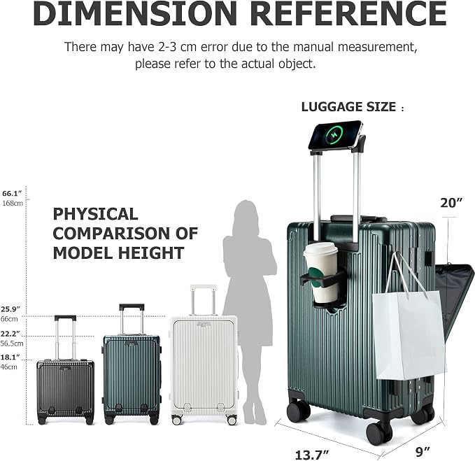 feilario 20in Aluminium Frame PC Hard Shell Spinner Wheels Luggage, Built-In - Image 3
