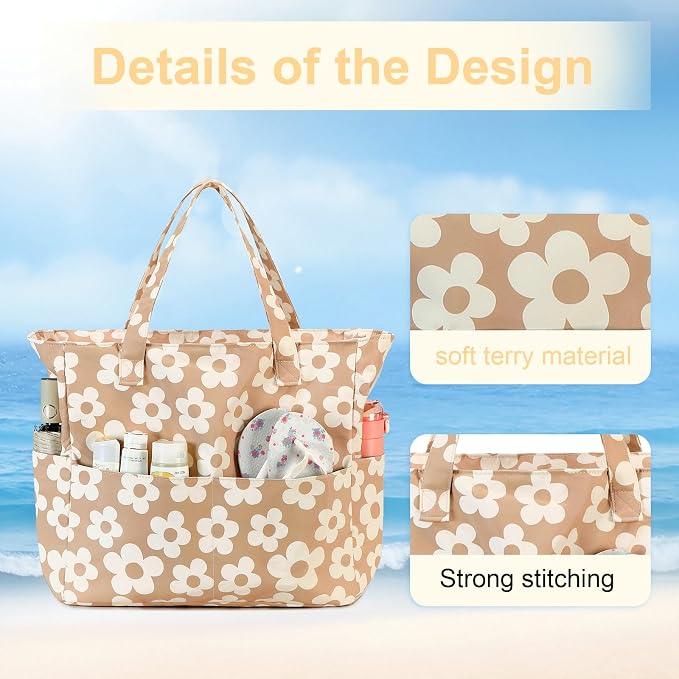 LEDAOU Large Beach Tote Bag Women Waterproof Sandproof Zipper Beach Tote Bag - Image 4