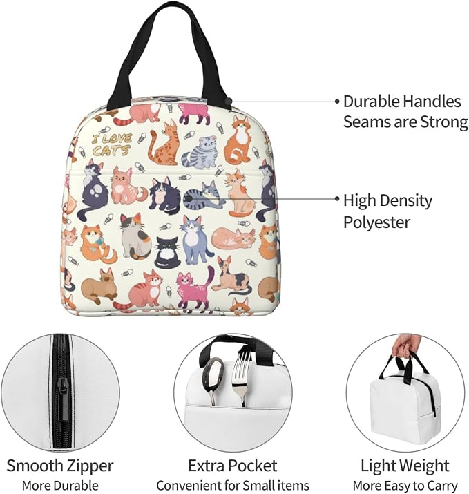 Cute Cat Lunch Box Kitten Lunch Bag Insulated Reusable Lunch Tote Bag Cooler - Image 7