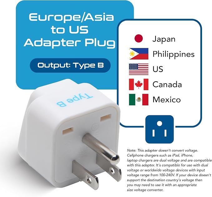 Ceptics Europe to US plug adapter, Type B USA Plug adapter compatible - Image 3