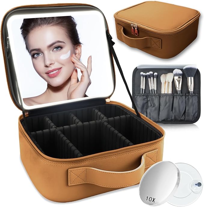 Makeup Bag with Led Mirror, Travel Makeup Organizer with 3 Color Setting & 10X by SUILU