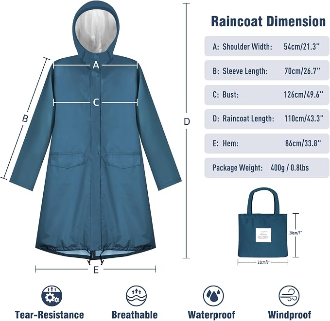 ANYOO Waterproof Rain Poncho Lightweight Reusable Hiking Hooded Coat Jacket - Image 6