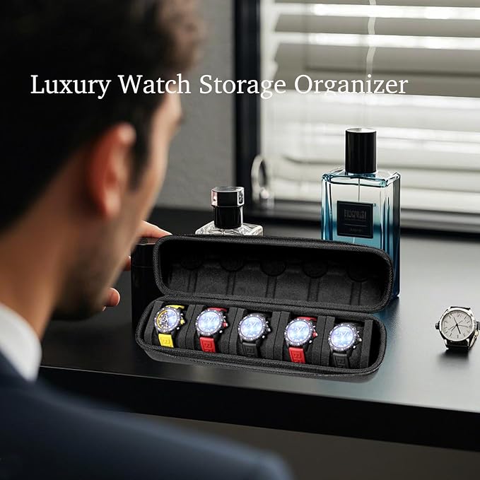 Juntan 5 Slots Hard Watch Travel Case, Portable PU Leather Zipper Storage - Image 5