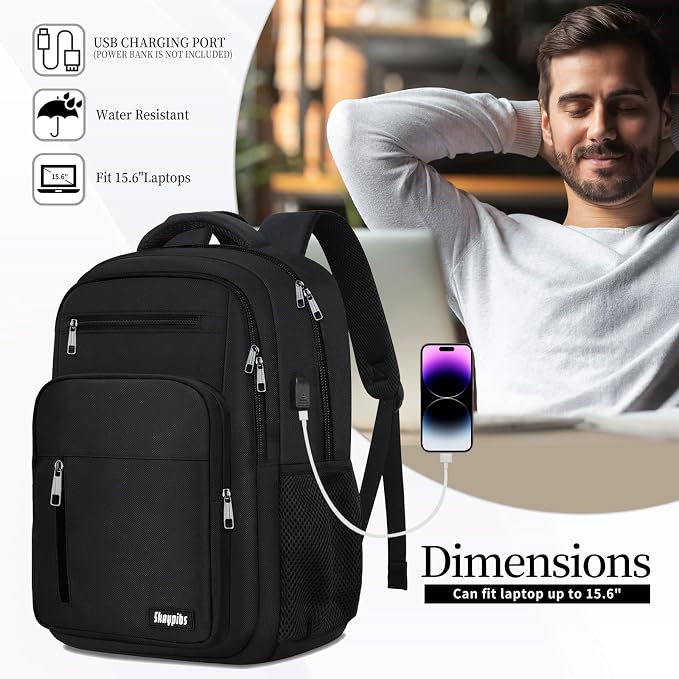 Black Backpack for Men Women, School Backpack for Boys Girls Teens, 15.6 Inch - Image 3