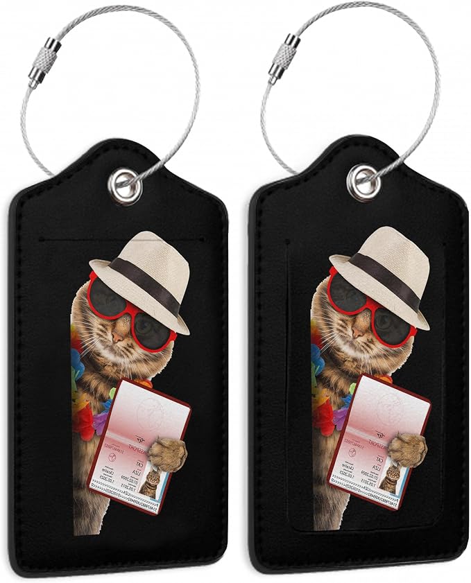 2 Pack Leather Luggage Tag for Suitcase Funny Cat Passport Airline Ticket by TXIANT