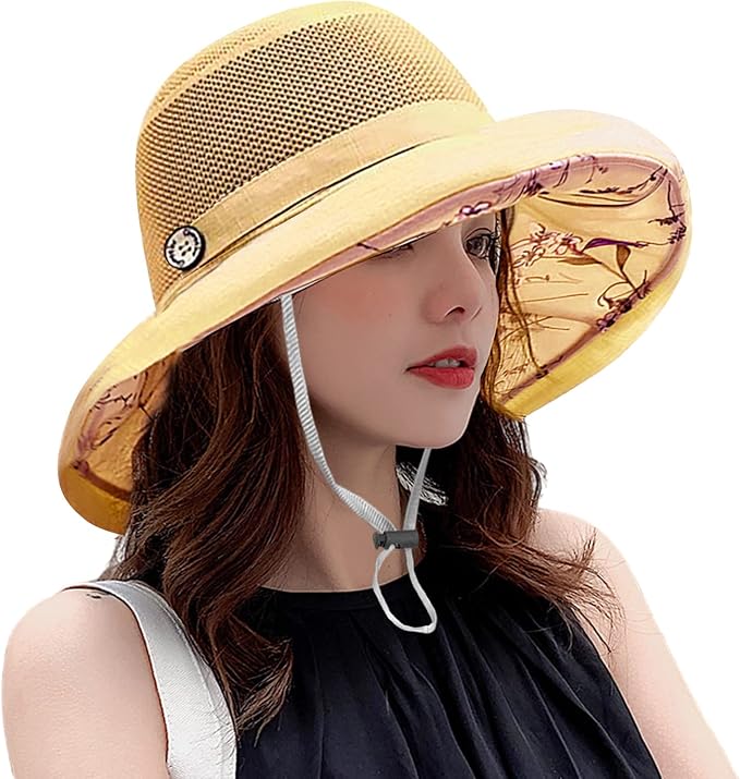 Women Wide Brim Sun Hats Metal Wired Edge Summer UV Protection Beach Fishing Hat by HUAMULAN