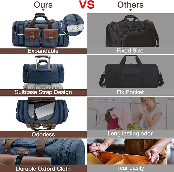 Wildroad 50L Travel Duffel Bag, Expandable Canvas Genuine Leather Duffle Bag - Image 5