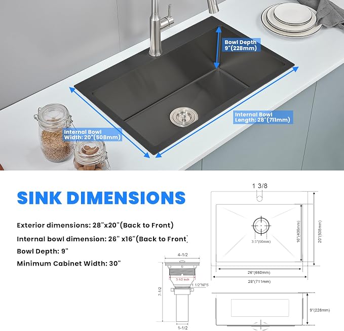 POPFLY Kitchen Sink, 28×20 Inch Drop In 18 Gauge Handmade SUS 304 Top mount - Image 8