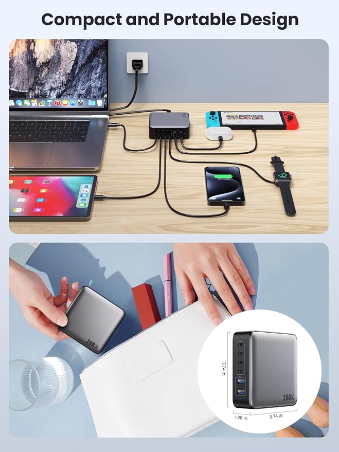 USB C Charger Block 200W GaN III 6 Port Fast Charging Station Hub, PD 65W USB C - Image 7