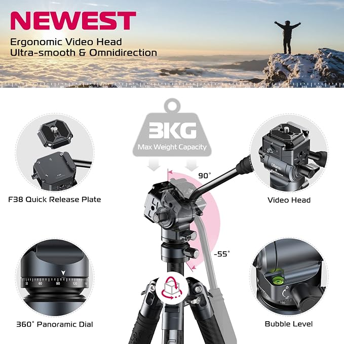 ULANZI F38 Video Travel Tripod, 61.4" Lightweight Carbon Fiber Camera Tripod - Image 2