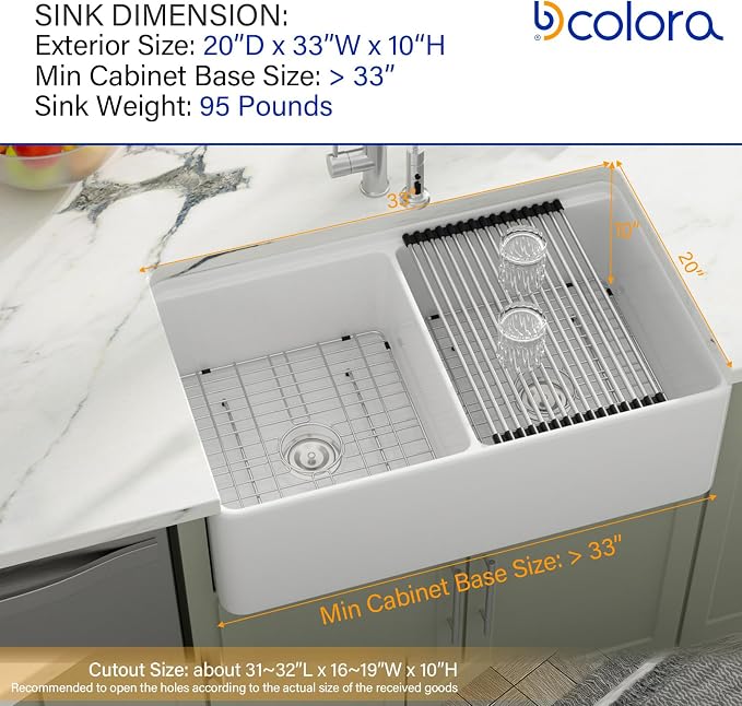 Dcolora 33 Inch White Farmhouse Sink Double Bowl 50/50 Workstation Country Farm - Image 5