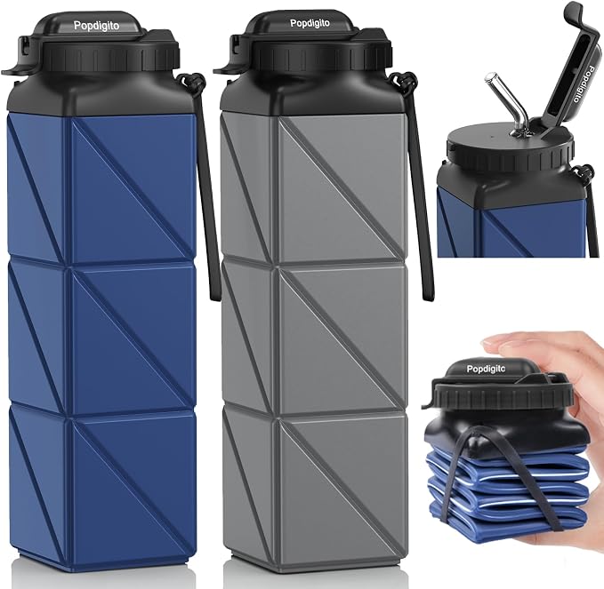 2pcs Collapsible Water Bottles 20.6oz Foldable Water Bottle BPA Free Reusable by POPDIGITO