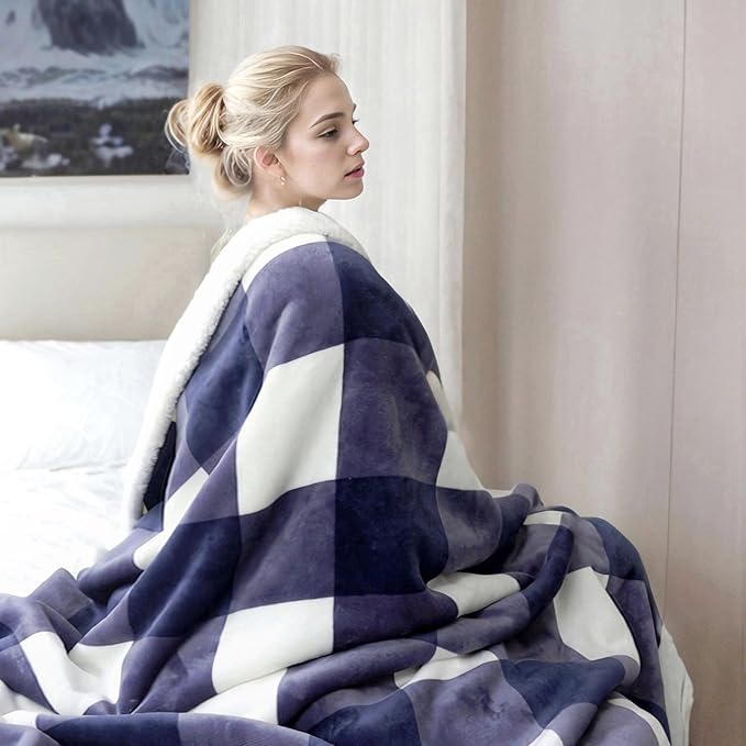 PU MEI Sherpa Blanket Fleece Throw Blanket Full Queen Plaid Thick Bed Blanket - Image 2