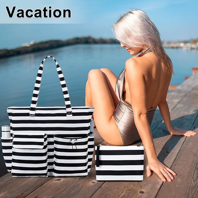 LEDAOU Large Beach Tote Bag Women Waterproof Sandproof Zipper Beach Tote Bag - Image 2