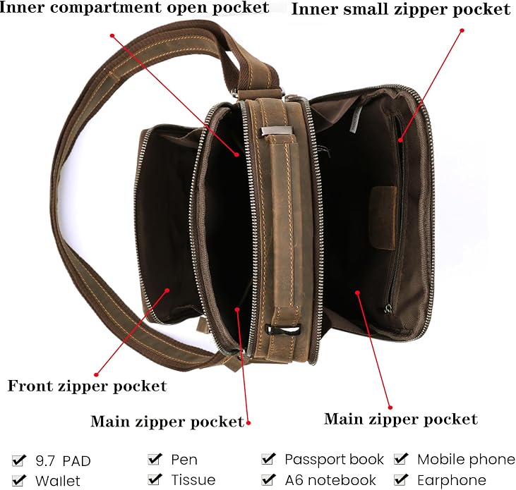 KPYWZER Genuine Leather Shoulder Bag Small Men Messenger Pack Handbag Sling - Image 5