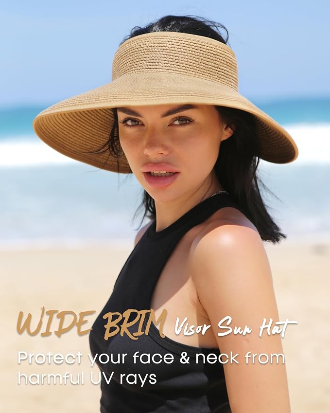 FURTALK Sun Hats for Women Wide Brim Beach Hat Straw Visor Ponytail Summer UV - Image 4