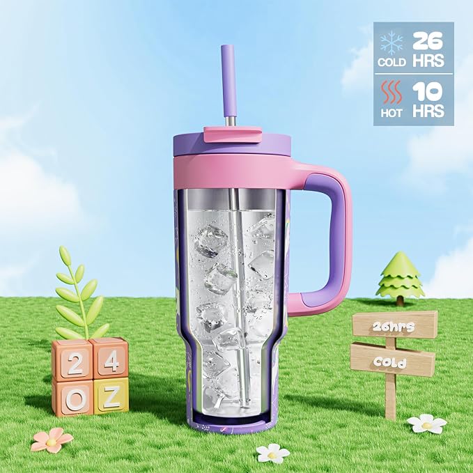 24 oz Kids Tumbler with Handle: Leakproof, Stainless Steel Cup with Straw Lid - Image 2