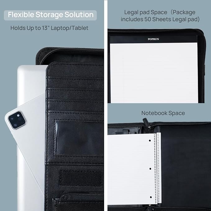 POPRUN Portfolio Binder with Zipper, Leather Padfolio Document Organizer with - Image 5