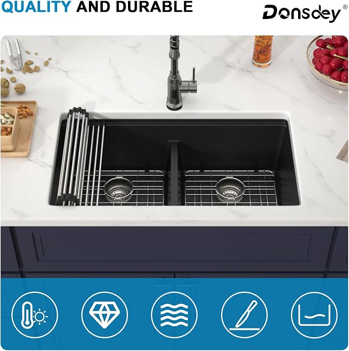 33 Inch Black Undermount Granite Composite Kitchen Sink Under Counter Quartz - Image 8
