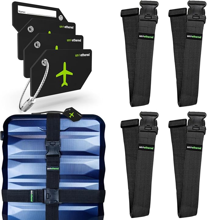 Untethered Ultimate Travel Set: 4 Premium Luggage Straps and 4 Silicone Tags by Untethered