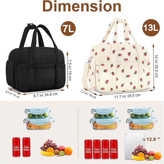 Corduroy Lunch Box Lunch Bag for Women Men, Cute Strawberry Small Insulated - Image 6