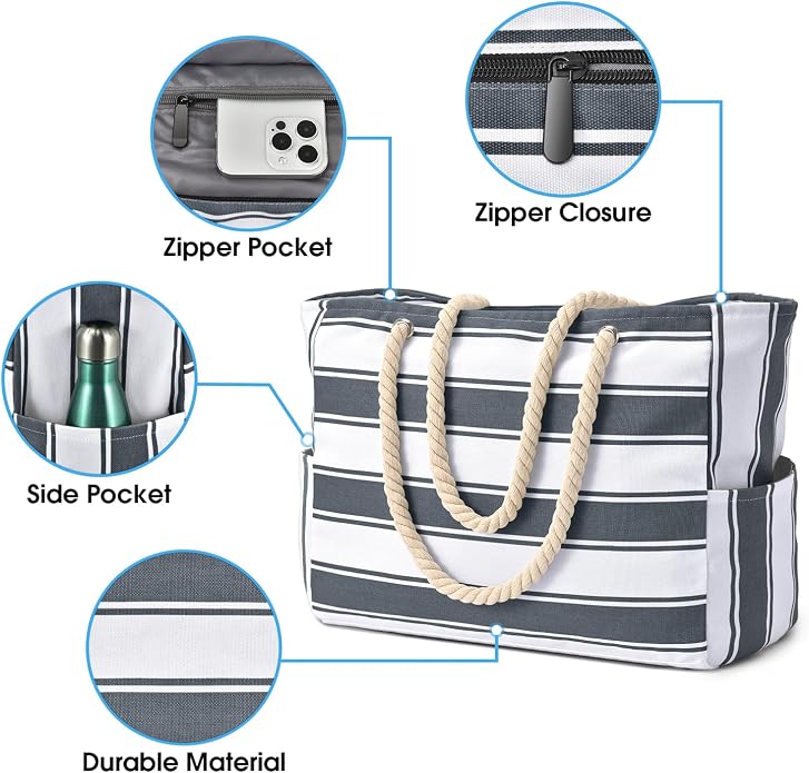 Becokan Beach Bags for Women Large Waterproof Beach Tote Bag Zipper Beach Bags - Image 2