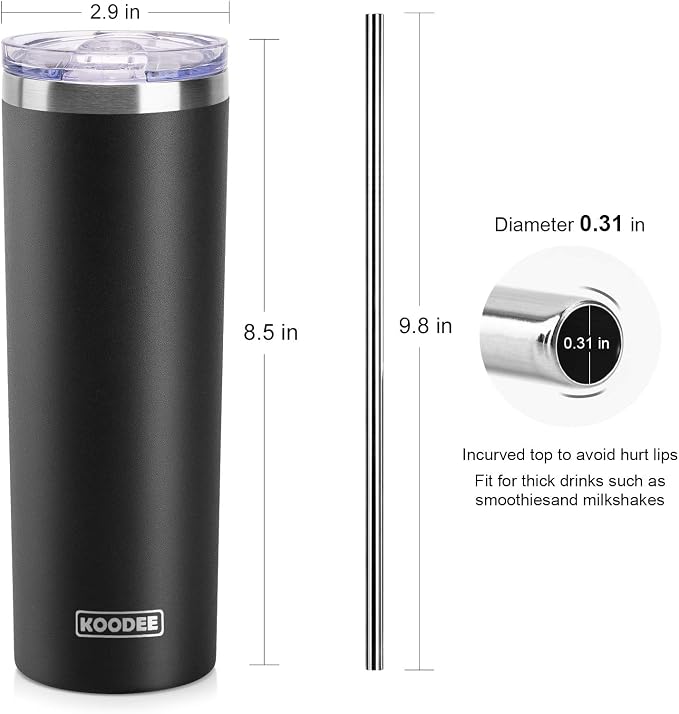 koodee 20 oz Tumbler with Lid and Straw-4 Pack Skinny Tumbler Stainless Steel - Image 6