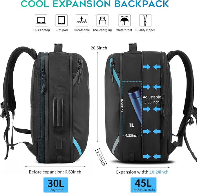 Travel Carry on Backpack, Extra Large Expandable 45L Backpack - Image 3