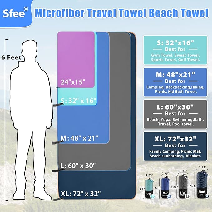Sfee 2 Pack Microfiber Travel Towel, Quick Dry Towel Camping Towel Beach Towel - Image 4