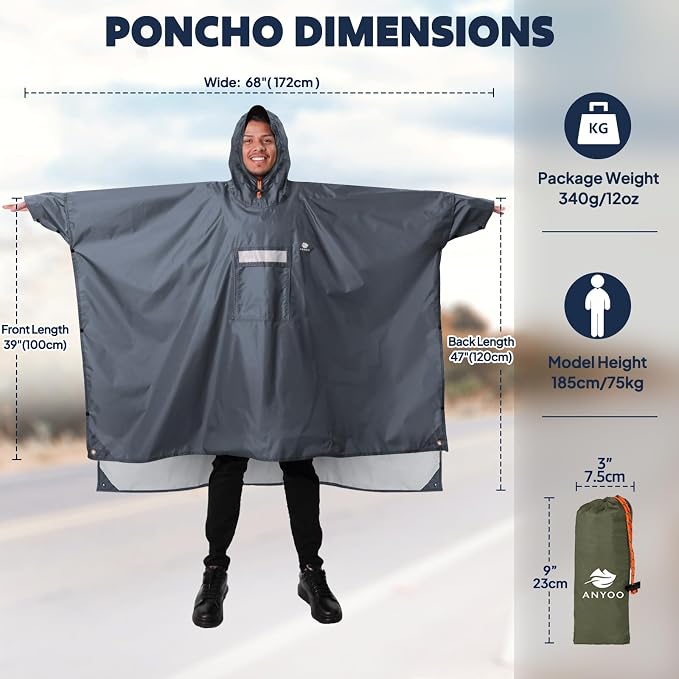 ANYOO Hooded Rain Poncho for Adults Waterproof Lightweight Rain Coat for Men - Image 2