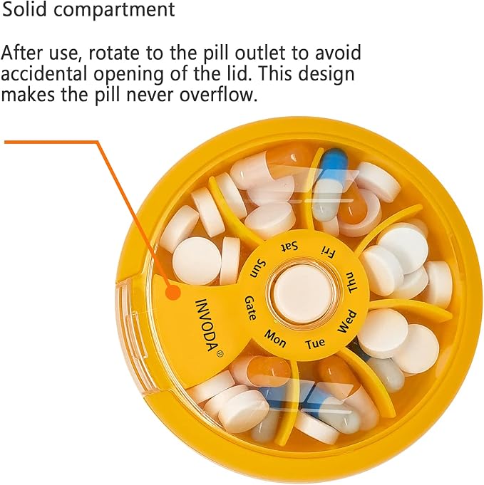 INVODA Weekly Pill Organizer 7 Compartment Rotating Pill Box - Image 3