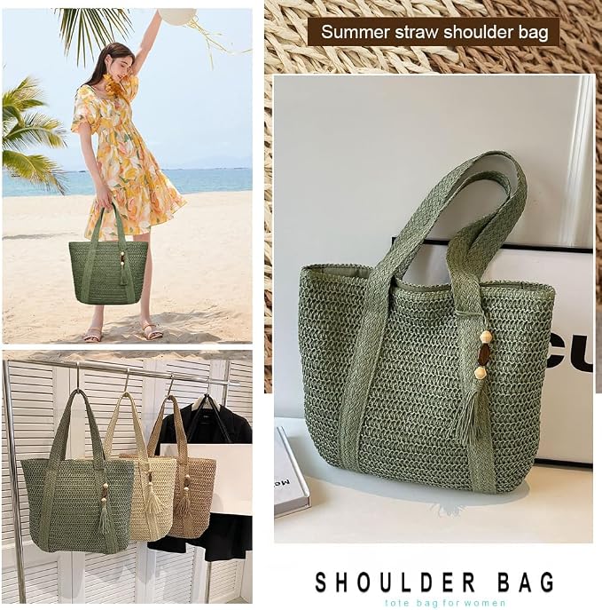 Straw Beach Bags for Women Woven Beach Tote Bag Casual Boho Large Shoulder - Image 6