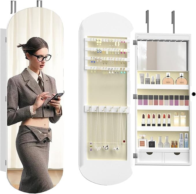 RQZ 8 LEDs Mirror Jewelry Cabinet, Rounded Wide Jewelry Armoire Organizer by Unknown
