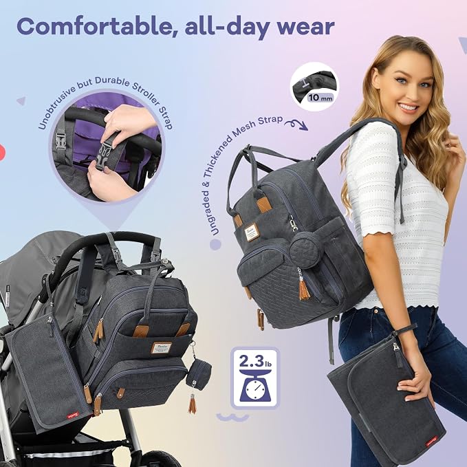 RUVALINO Diaper Bag Backpack, Large Capacity, Waterproof, Dark Gray - Image 2