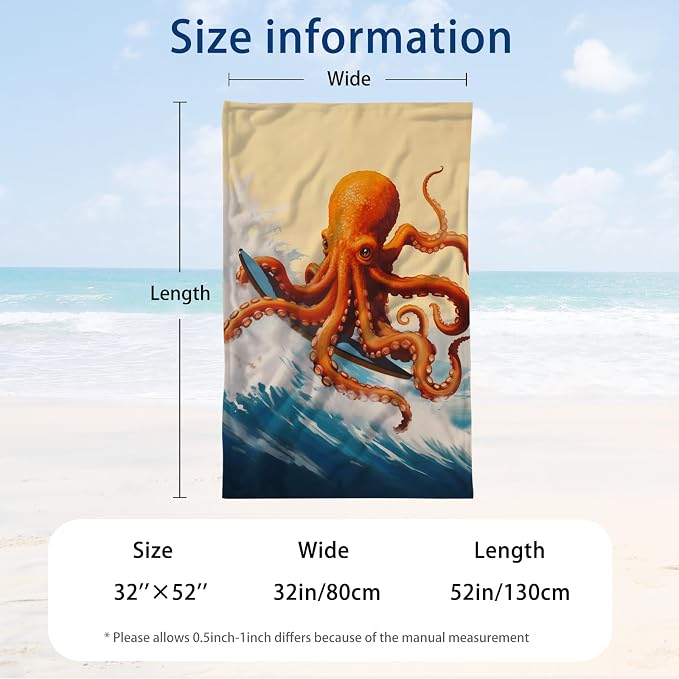 WZOMT Microfiber Octopus Beach Towel, Funny Octopus Surfing Ocean Animal Print - Image 3