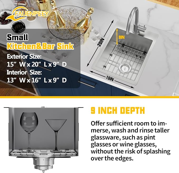 Small Kitchen Sink, 15x20 Inch Bar Sink Stainless Steel Drop In Small Kitchen - Image 3