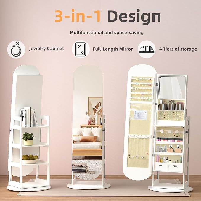 RQZ 8 LEDs Jewelry Cabinet Armoire Standing, 360° Swivel Jewelry Organizer - Image 5