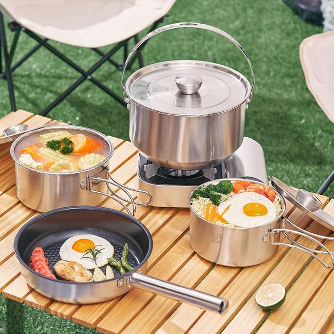 304 Stainless Steel Camping Cookware Set, Pots and Pans - Image 4