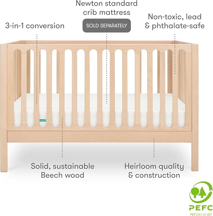 Newton Baby Galileo Standard Crib, Solid Beech Wood in Natural Color, 3-in-1 - Image 7