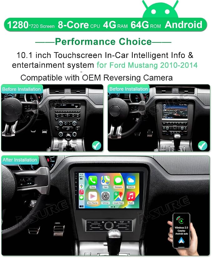 ASURE Car Stereo Radio Upgrade for Mustang 2010-2014, 10.1 inch 8Core 4G+64G - Image 2