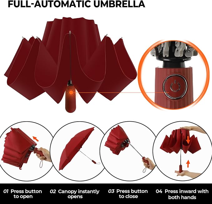 Compact Inverted Travel Umbrella, Automatic Open Close, 9-Rib 46 Inch Windproof - Image 5