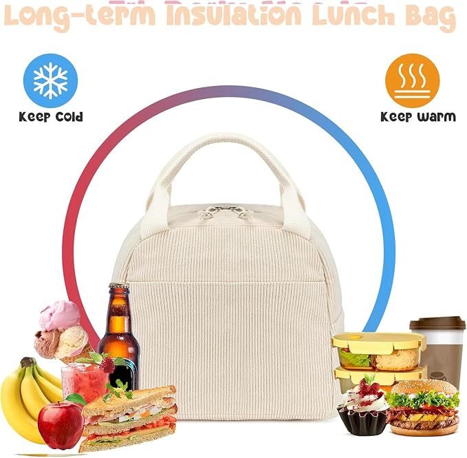 Bluboon Lunch Bag for Women Men Cute Corduroy Lunch Tote Bags Reusable - Image 4