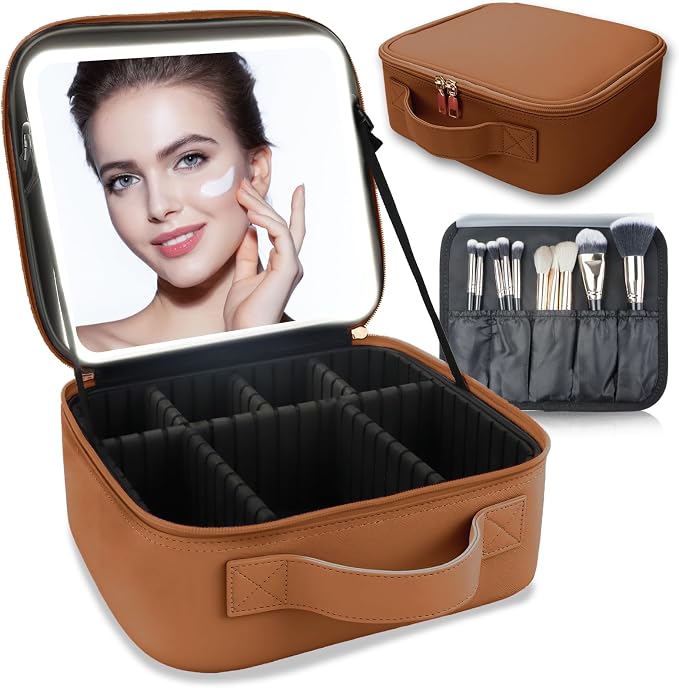 Makeup Bag with Led Mirror, Travel Makeup Organizer with 3 Color Setting by SUILU