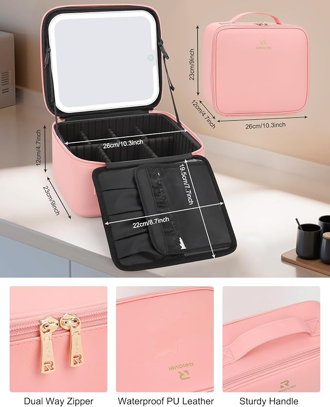 Relavel Makeup Bag with Light Up Mirror, Makeup Case Travel Cosmetic Bags Brush - Image 6