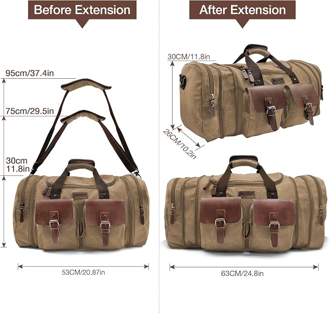 Wildroad 50L Travel Duffel Bag, Expandable Canvas Genuine Leather Duffle Bag - Image 7
