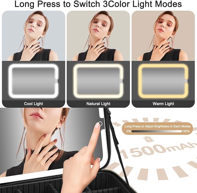 Large Travel Makeup Bag with LED Mirror, 3-Color Stepless Dimming Stand Mirror - Image 4